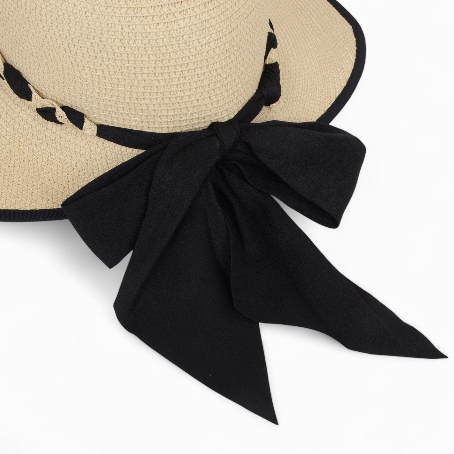 Women's Wide Brim Straw Hat with Braided Band and Contrast Bow Detail