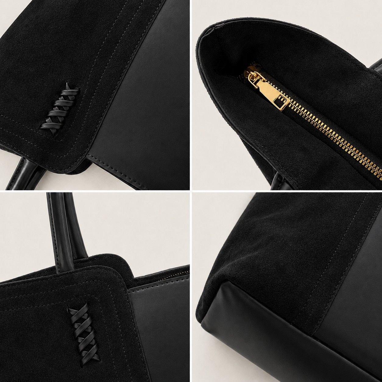 Faux Suede Tote Bag with Double Shoulder Handles Zip Closure and Interior Pockets