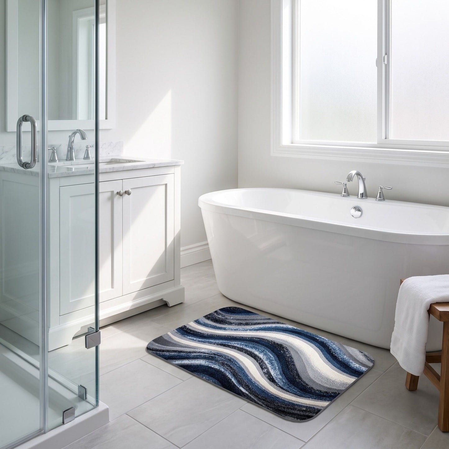 Abstract Navy Blue Wave Plush Bathroom Mat with Swirling Line Design