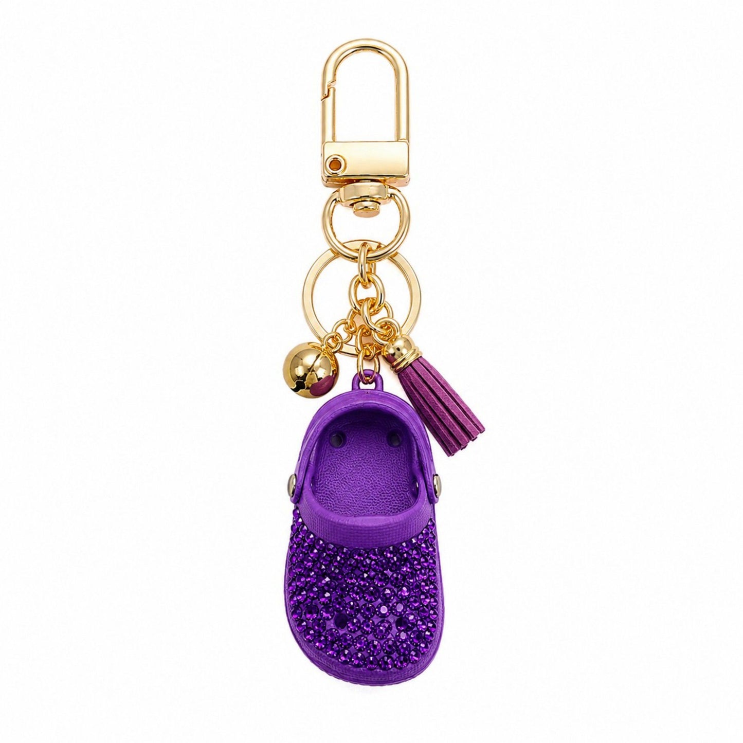 Rhinestone Mini Clog Keychain Bag Charm with Tassel Gold Tone Clip and Key Ring