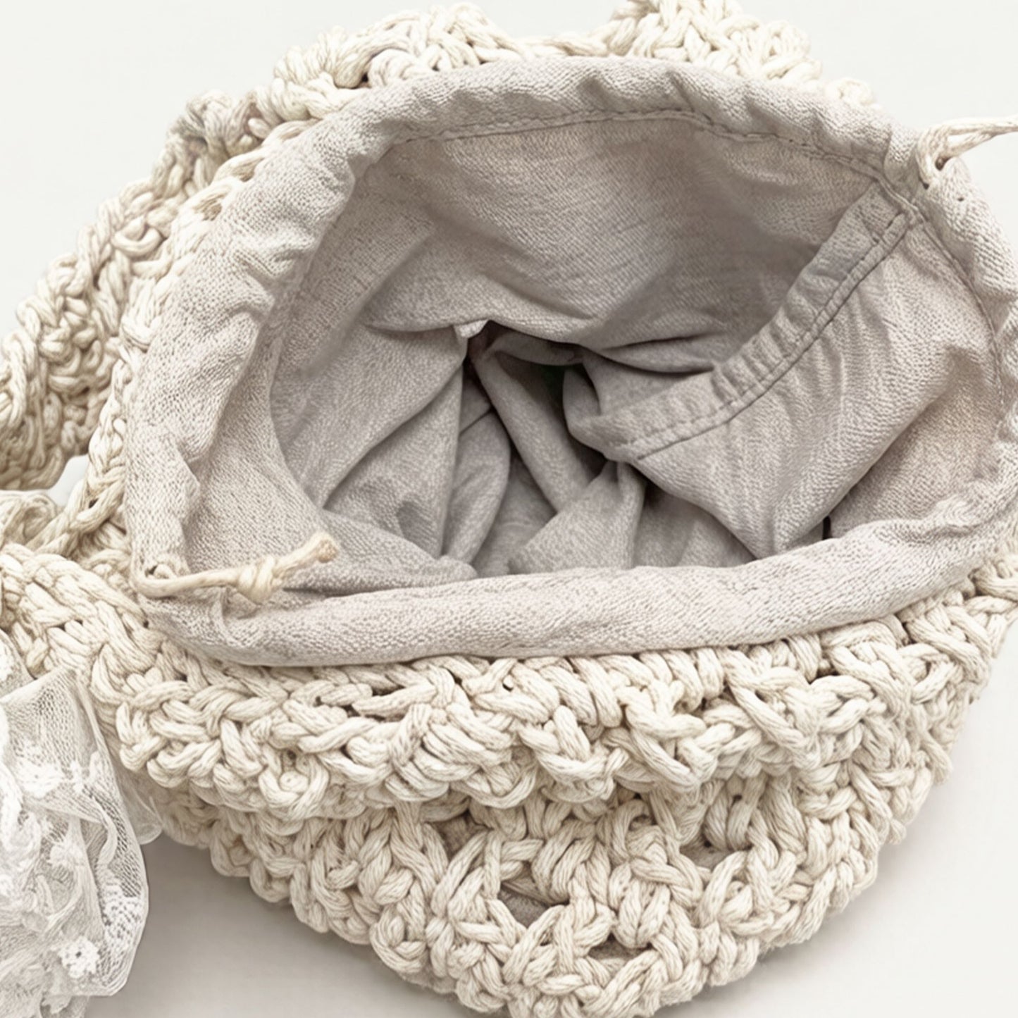 Crochet Shoulder Bag with Lace Bow Detail Knit Bucket Handbag Drawstring Lined Casual Everyday Tote