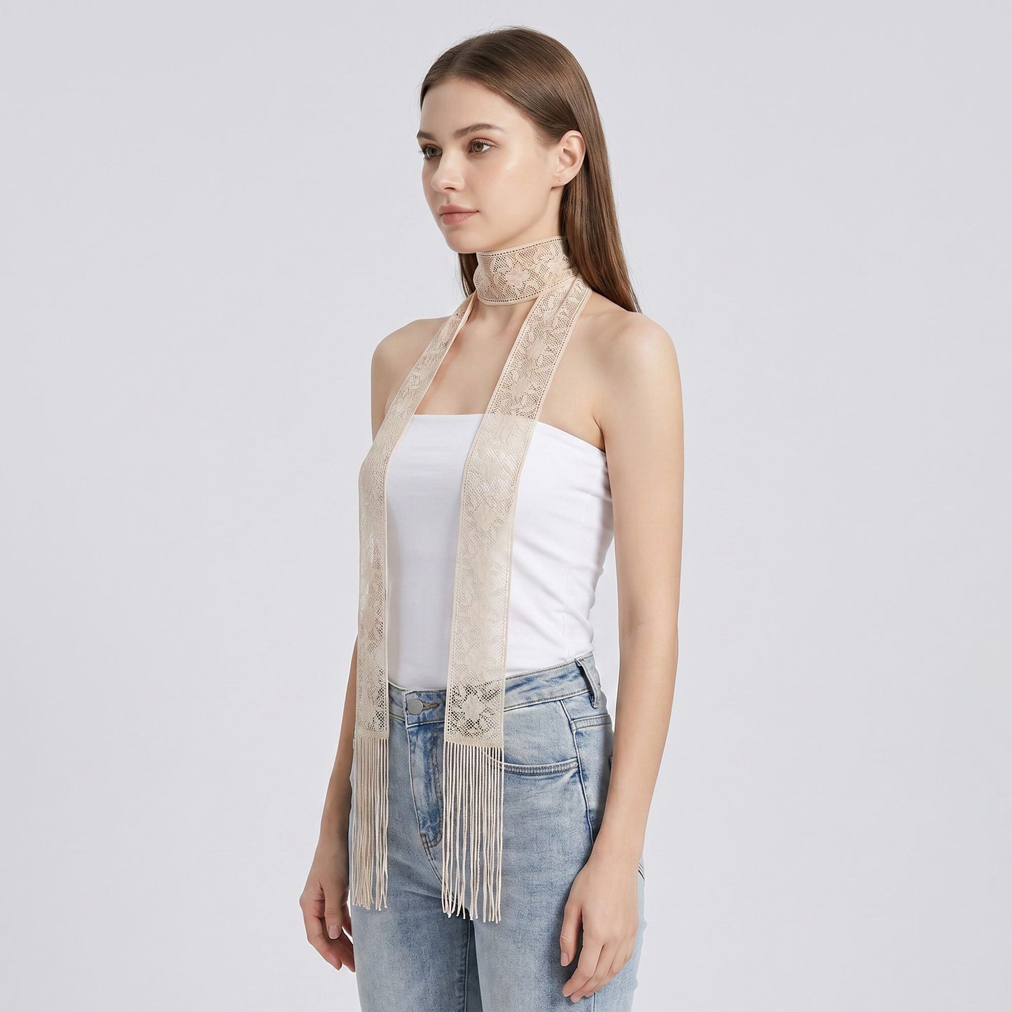 Lace Skinny Scarf with Floral Pattern Fringe Trim and Long Neck Tie Design