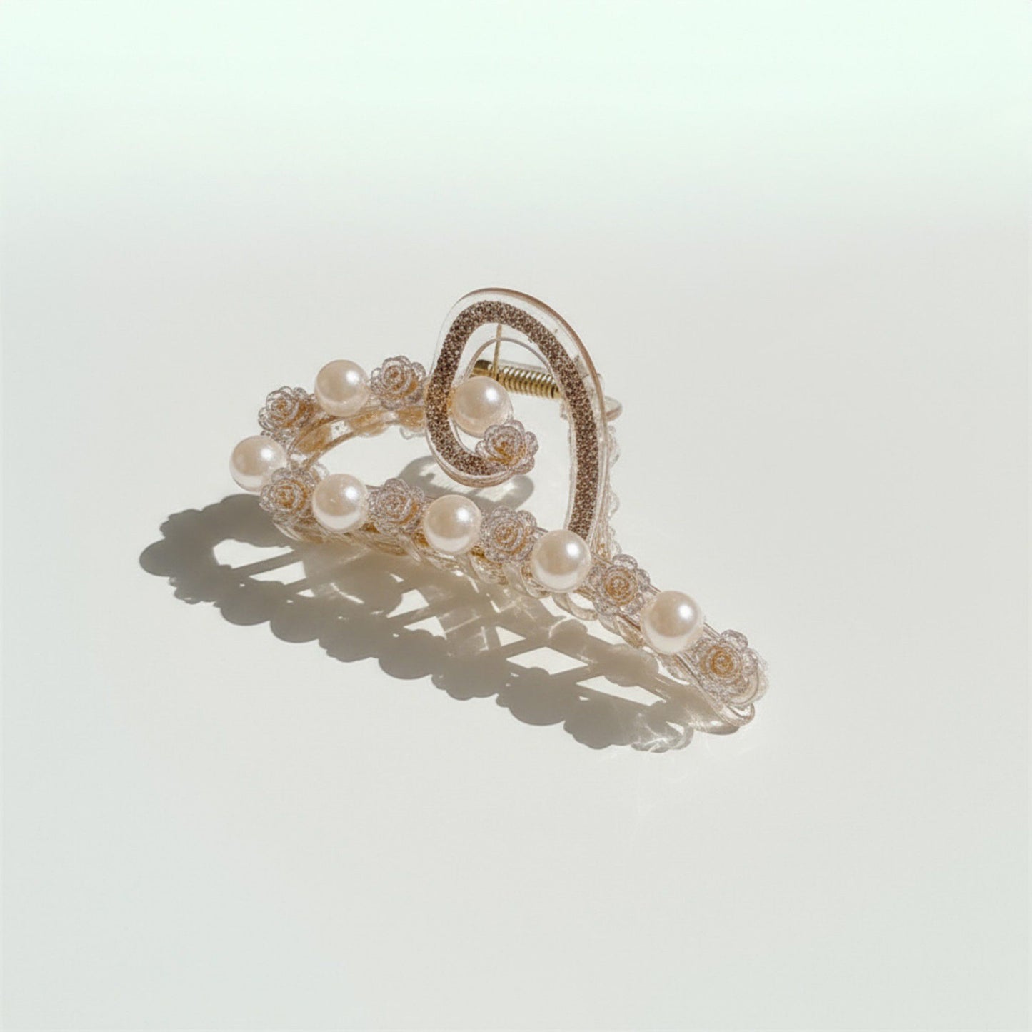 Beaded Flower Metal Hair Claw Clip with Curved Design and Textured Accents