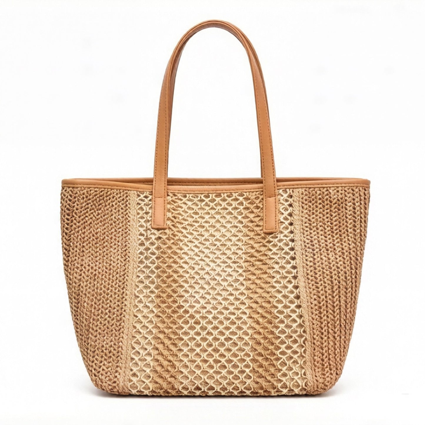 Woven Crochet Tote Bag with Textured Panel Design Leather Shoulder Strap Lightweight Handbag