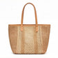 Woven Crochet Tote Bag with Textured Panel Design Leather Shoulder Strap Lightweight Handbag