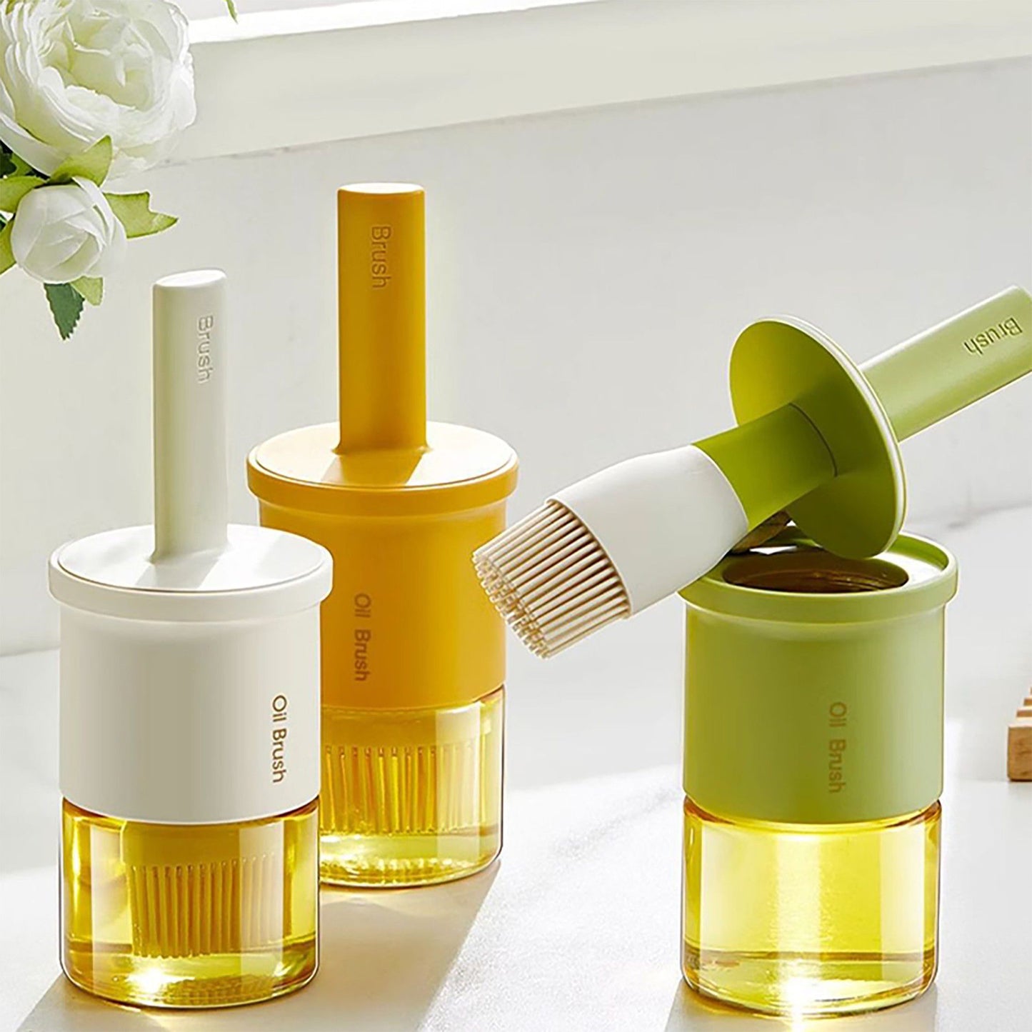 Kitchen Oil Brush with Built-In Container and Press Handle