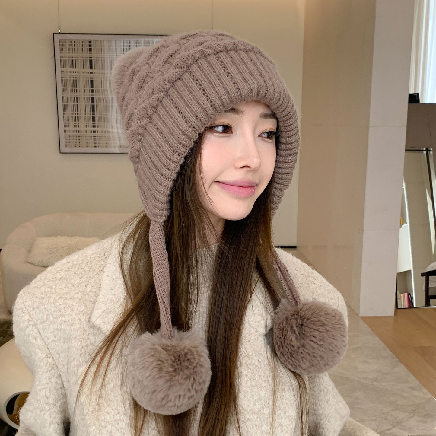 Knit Trapper Hat with Pom - Poms