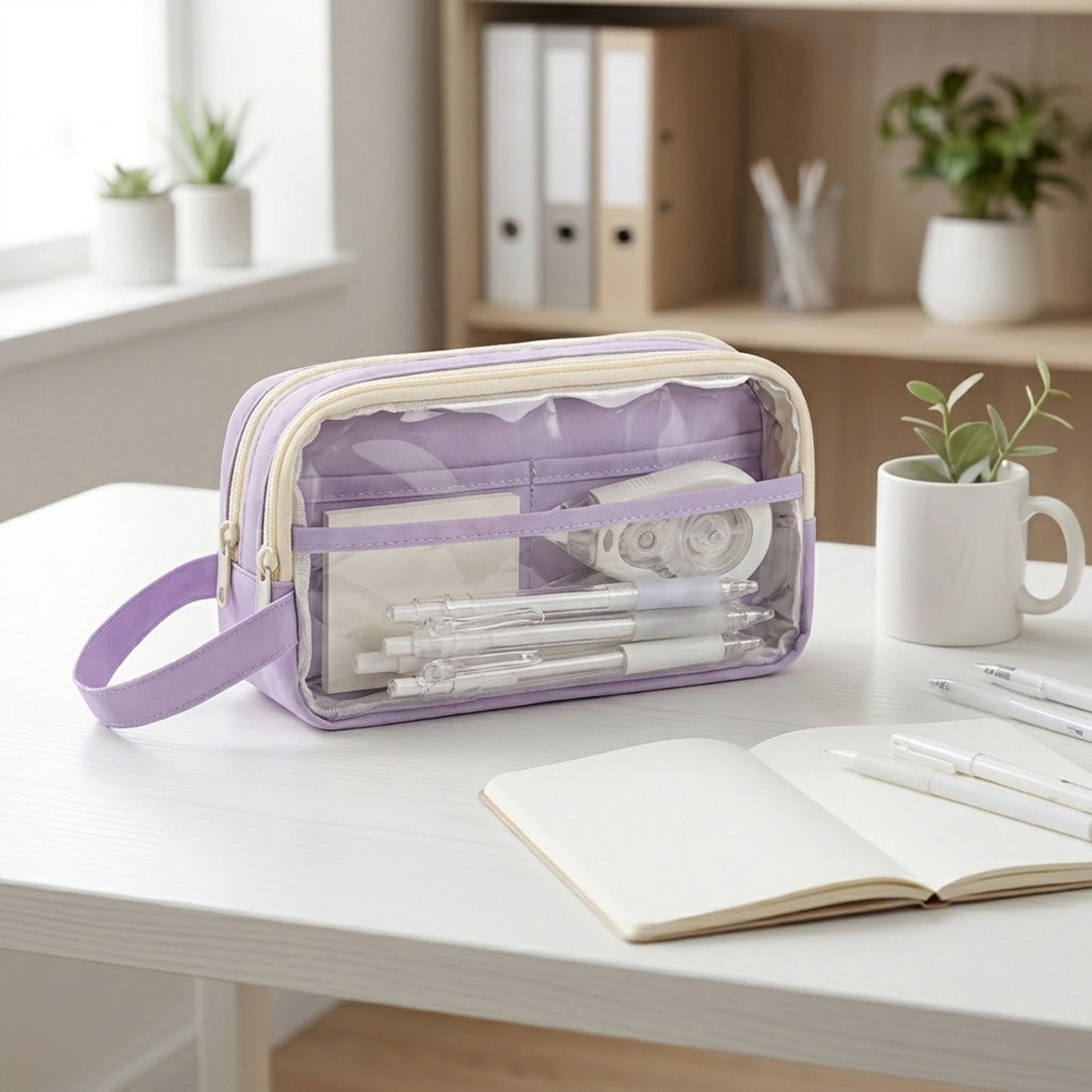 Large Capacity Clear Pencil Case Double Compartment Zipper Pouch with Handle