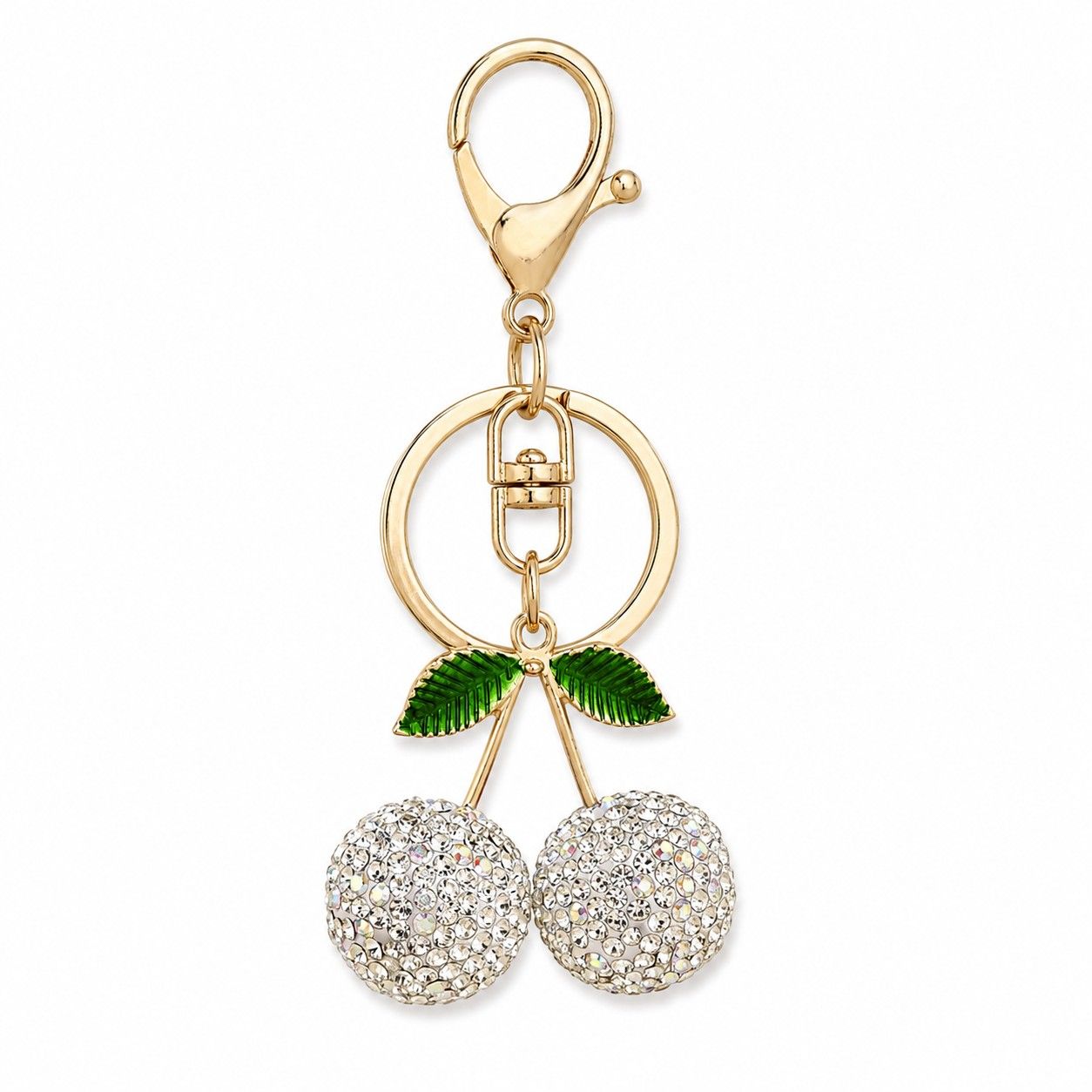 Rhinestone Cherry Bag Charm Keychain with Gold-Tone Lobster Clasp