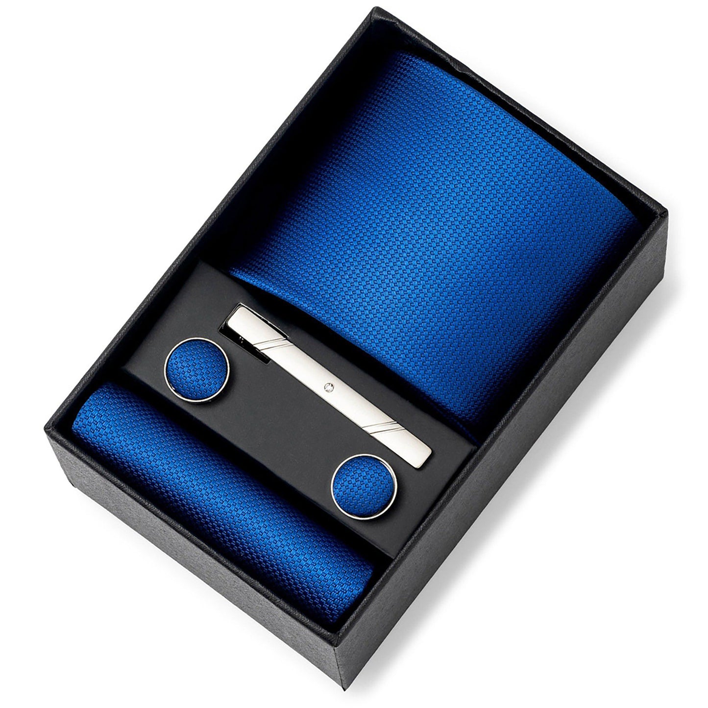 Men's Textured Solid Color Tie Gift Set with Matching Pocket Square Cufflinks and Silver Tie Clip