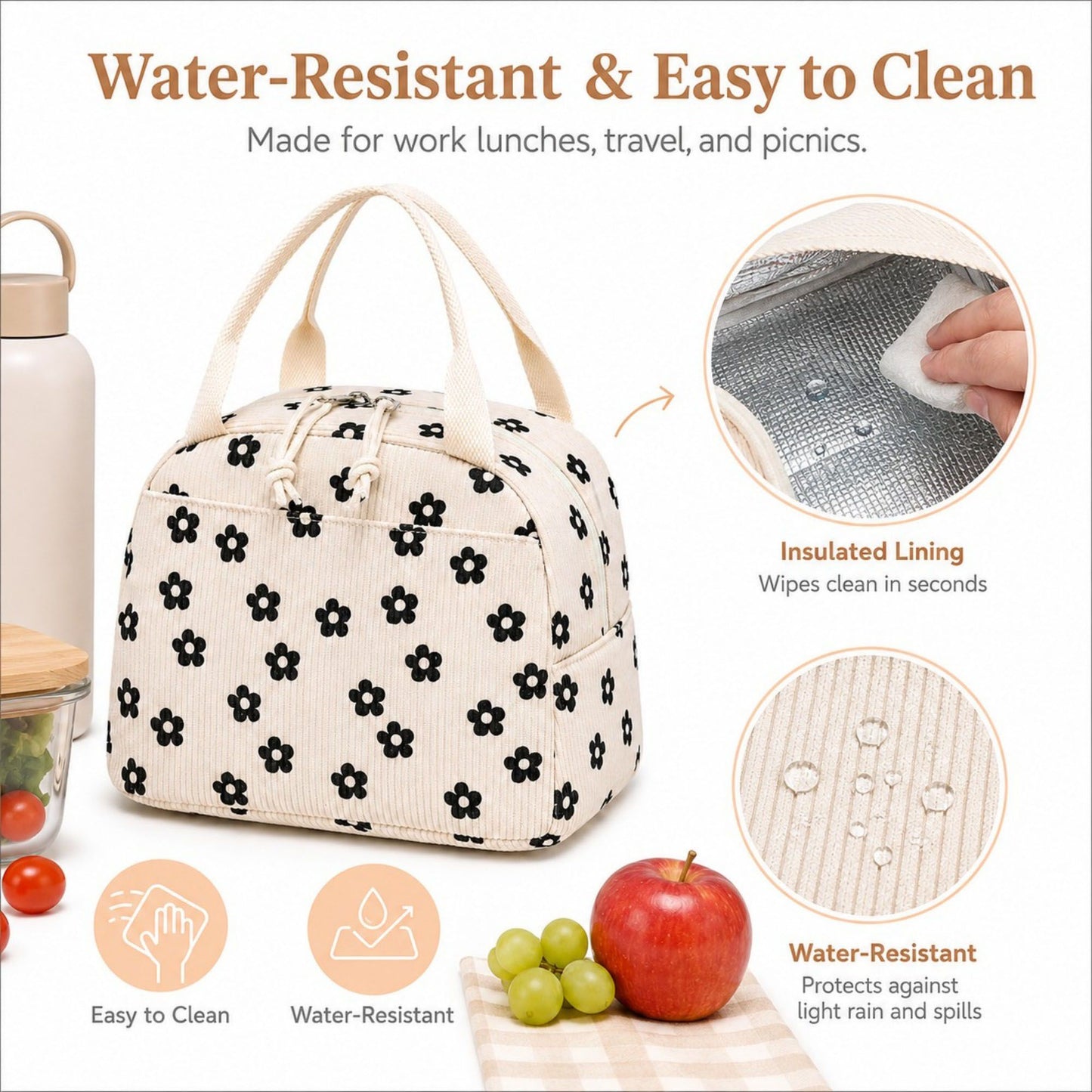 Strawberry Print Corduroy Insulated Lunch Bag with Handles and Zip Closure
