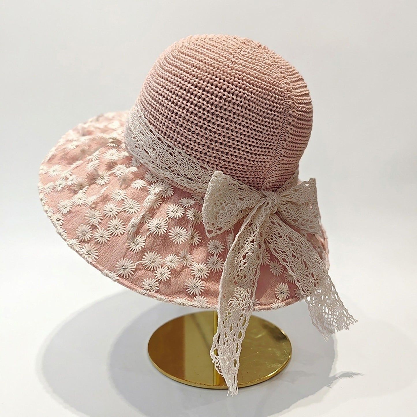 Crochet Sun Hat with Lace Bow Accent and Embroidered Sheer Wide Brim