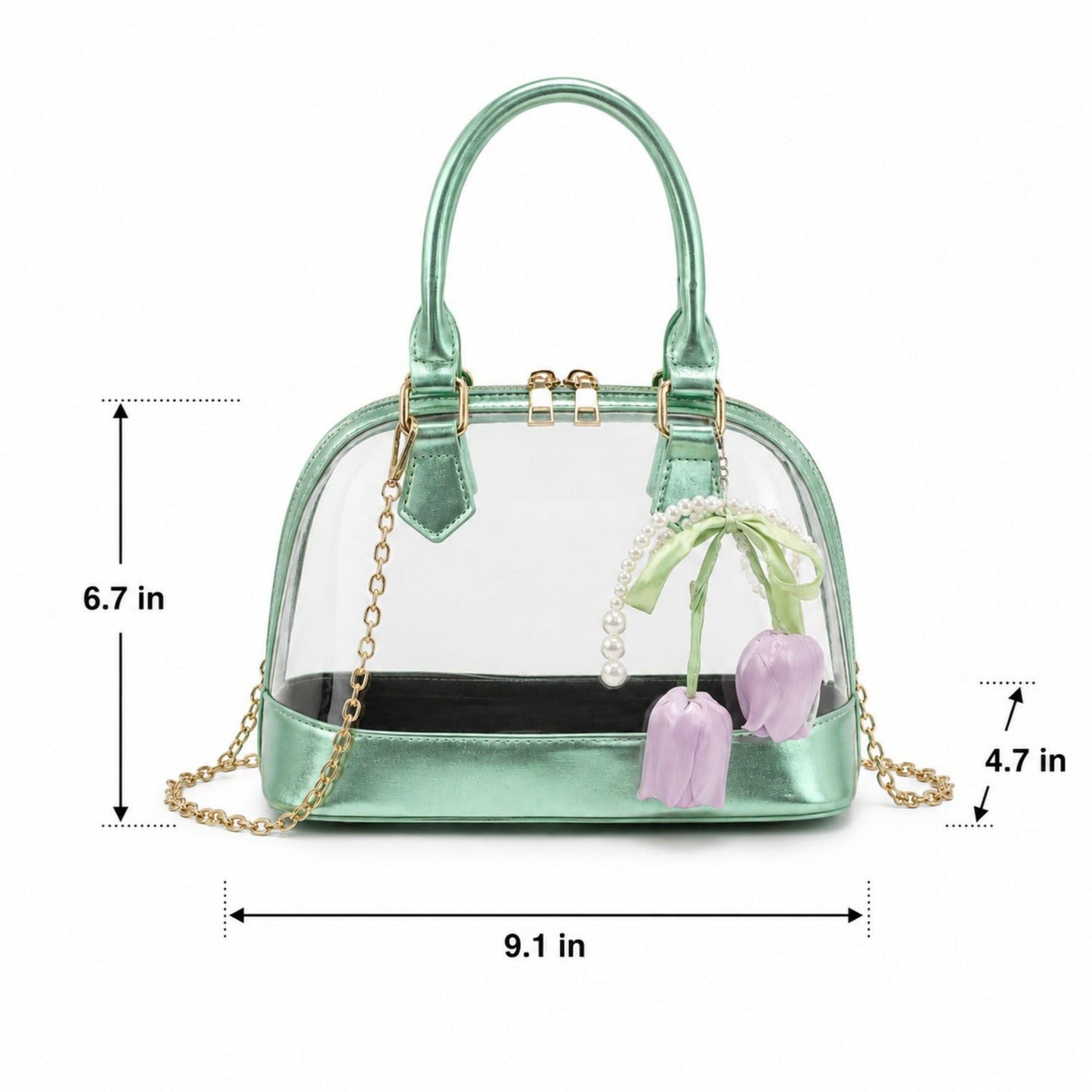Clear PVC Mini Satchel Bag with Chain Strap and Floral Pearl Charm