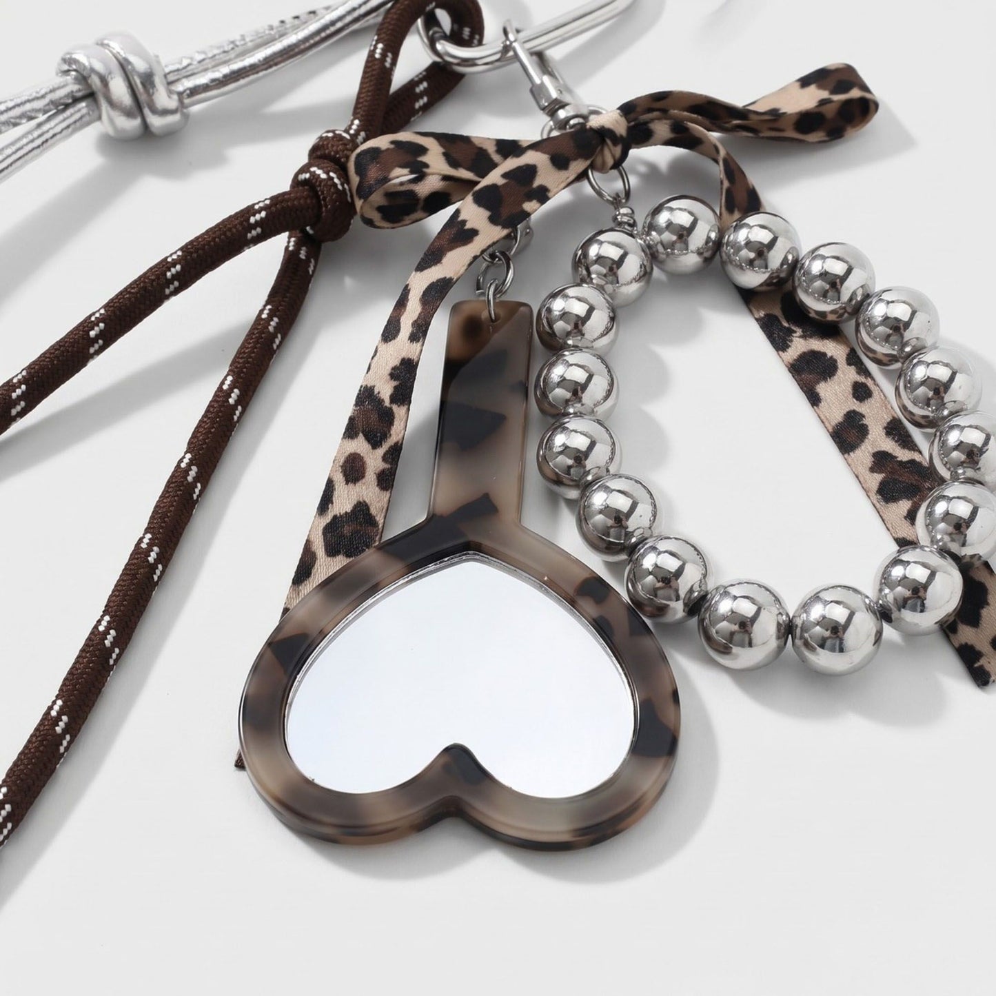Heart Mirror Bag Charm with Beads and Cord Tassels