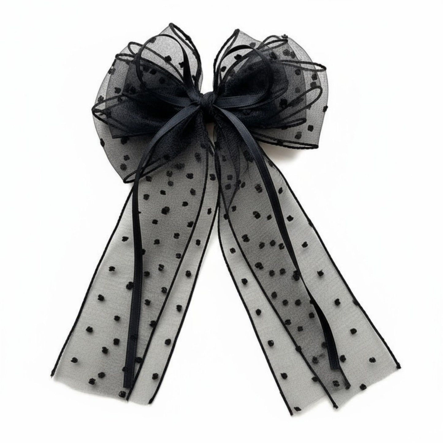 Sheer Polka Dot Bow Hair Clip with Layered Tulle Design and Long Ribbon Tails