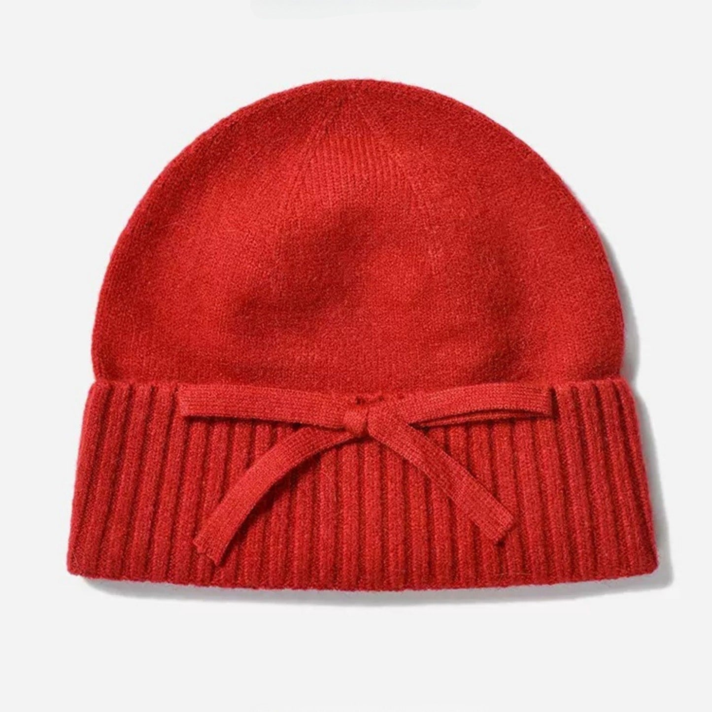 Soft Knit Cuffed Beanie Hat with Ribbed Foldover Hem and Delicate Bow Detail