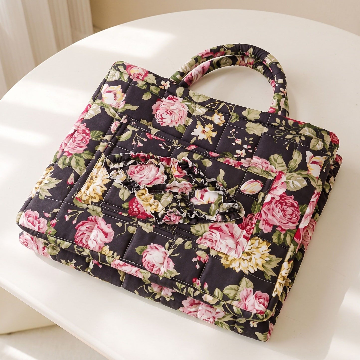 Quilted Floral Storage Basket with Handles and Front Pocket