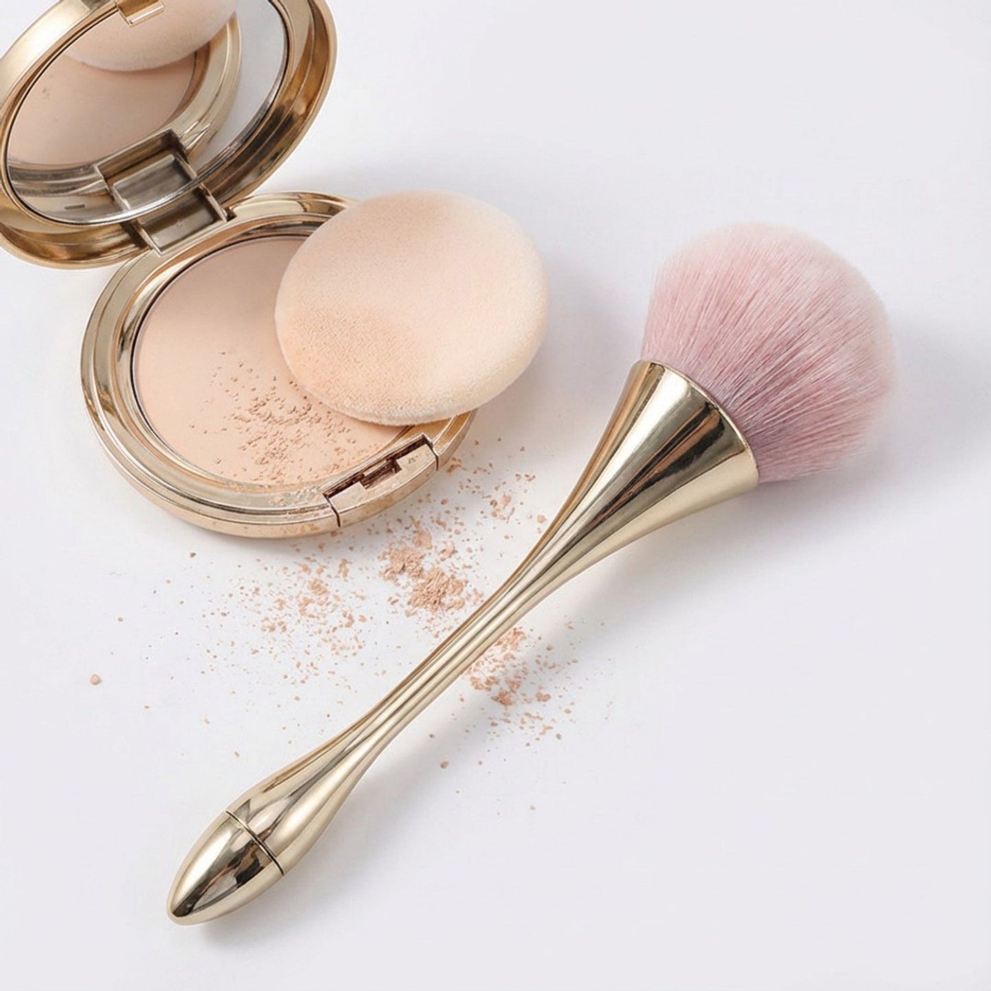 2 Piece Powder Makeup Brush Set with Soft Synthetic Bristles and Metallic Handle for Face Makeup