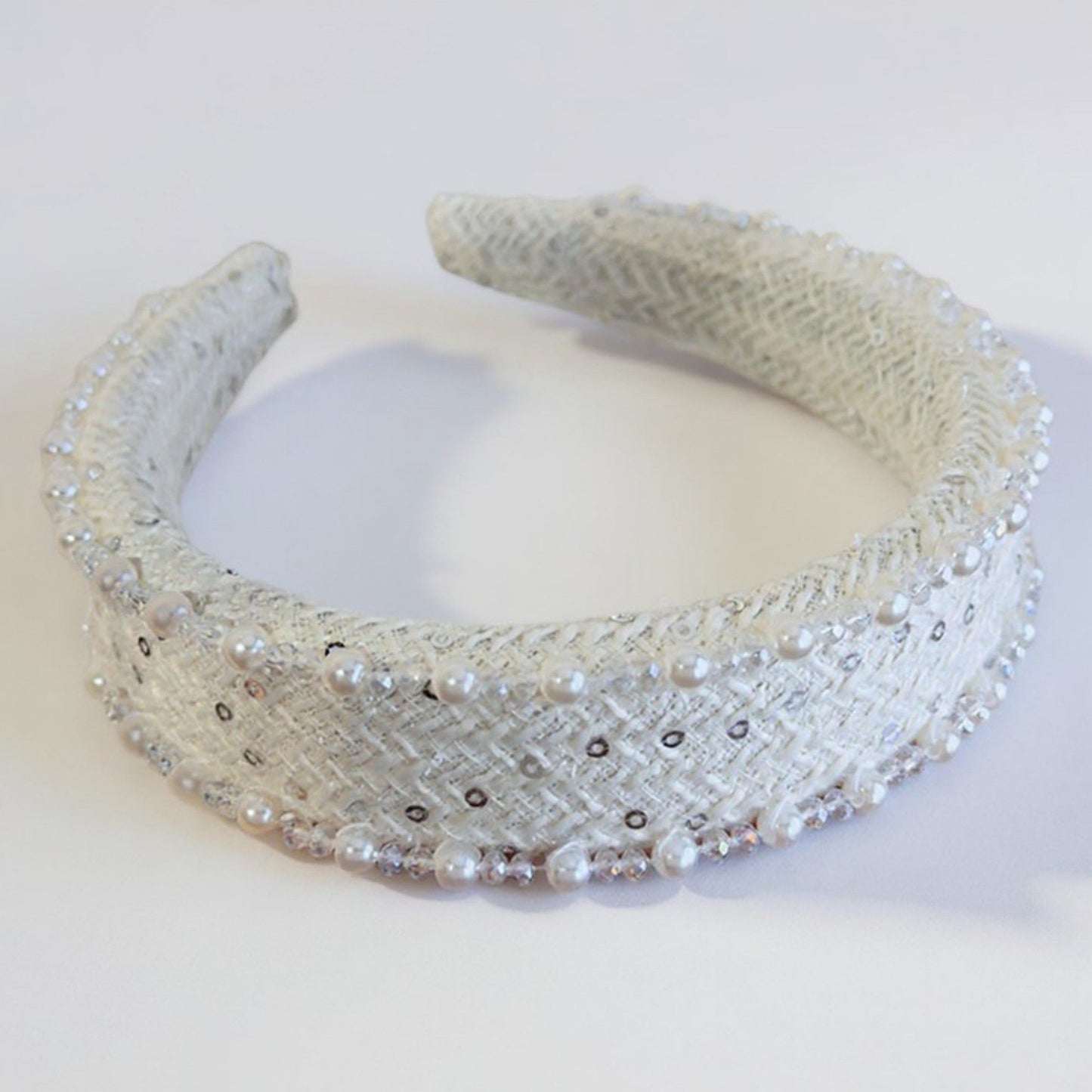 2pcs Women's Padded Satin Fashion Headband with Pearl Design and Crystal Bead Embellishments 6.3x4.7x1.2in