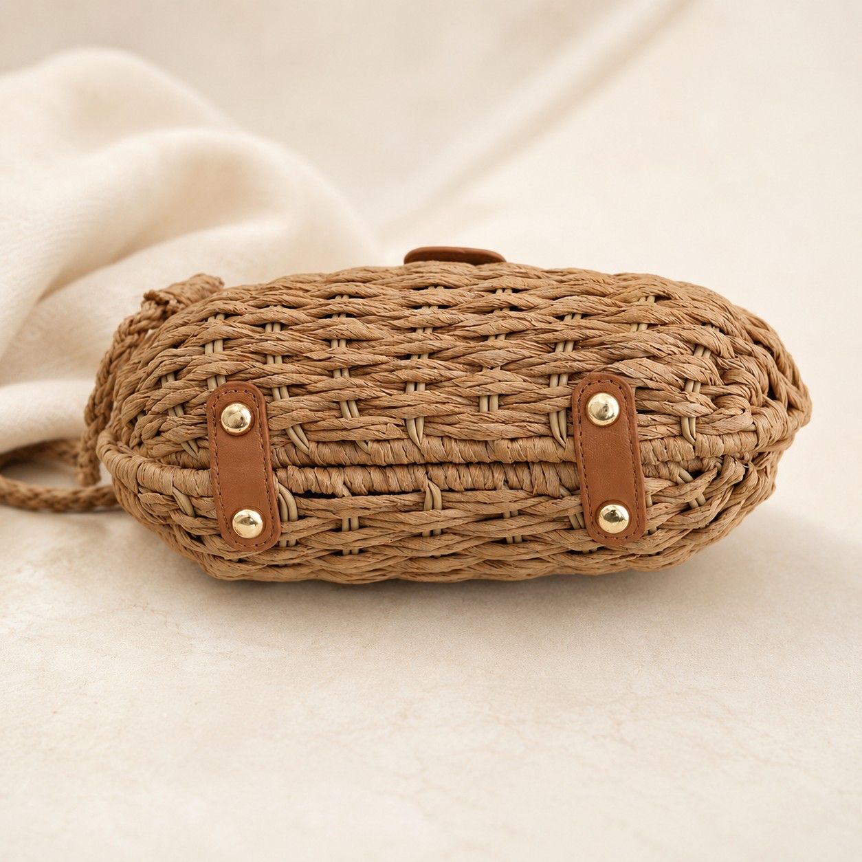 Round Woven Top Handle Crossbody Bag with Button Closure and Chain Strap