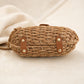 Round Woven Top Handle Crossbody Bag with Button Closure and Chain Strap
