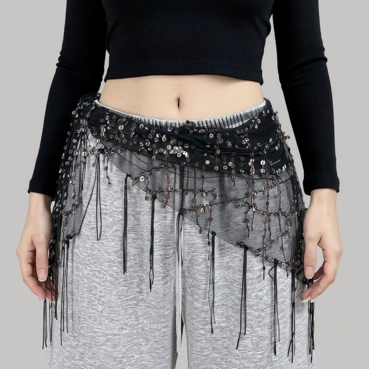 Sheer Mesh Sequin Fringe Hip Scarf Belt Wrap with Asymmetrical Hem 59in