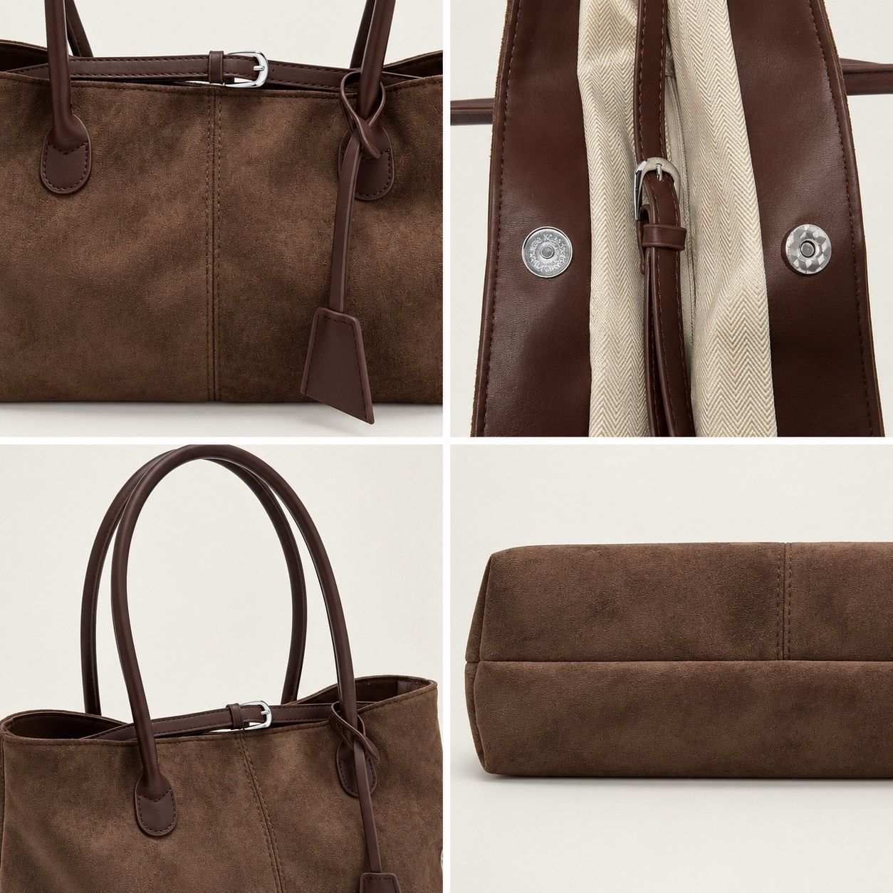 Large Suede Look Tote Bag with Double Handles Magnetic Closure and Interior Zip Pocket