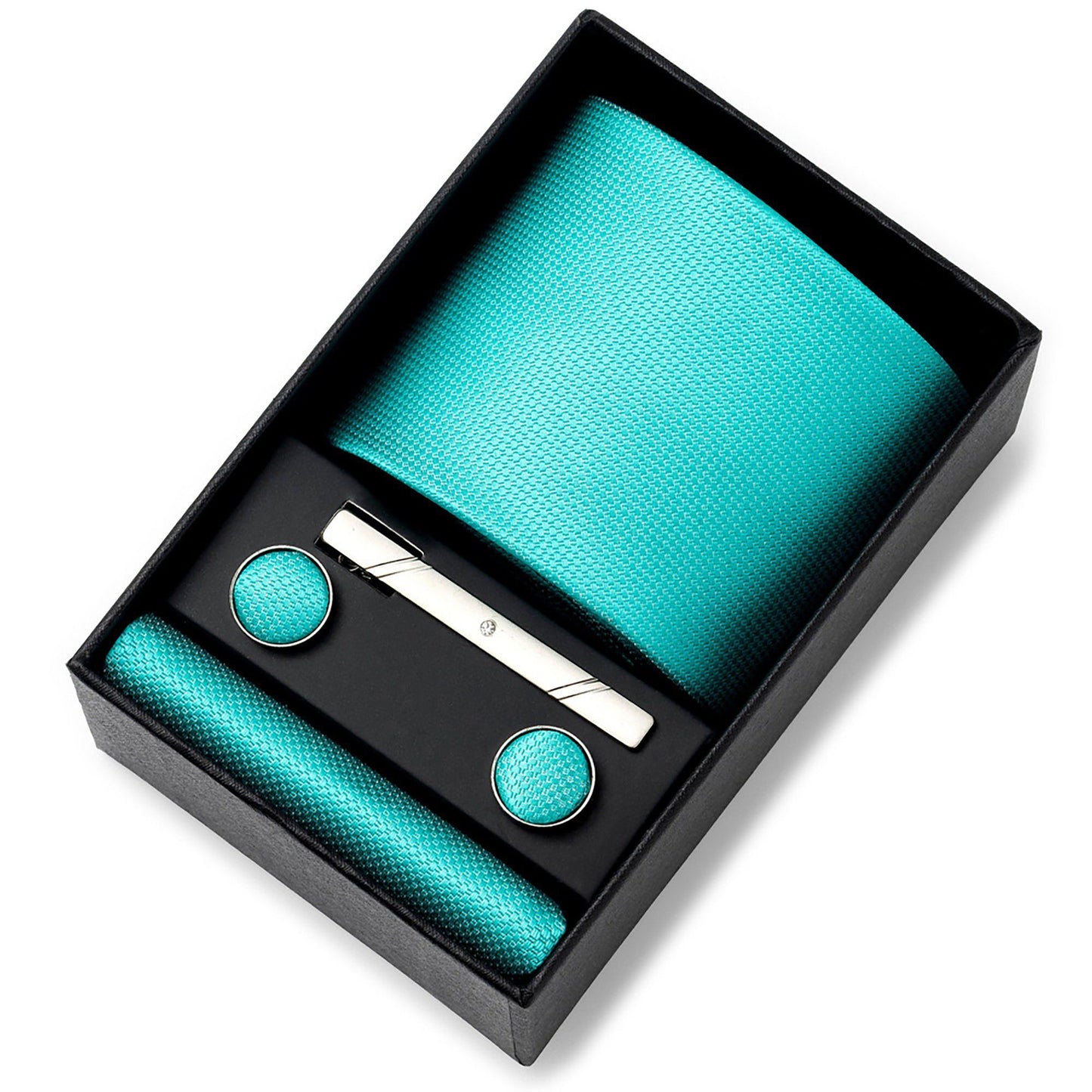 Men's Textured Solid Color Tie Gift Set with Matching Pocket Square Cufflinks and Silver Tie Clip