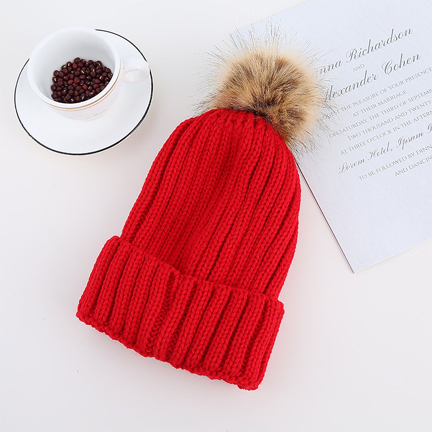 Cable Knit Beanie with Faux Fur Pom-Pom - Warm Stretchy Winter Hat for Casual Daily Wear