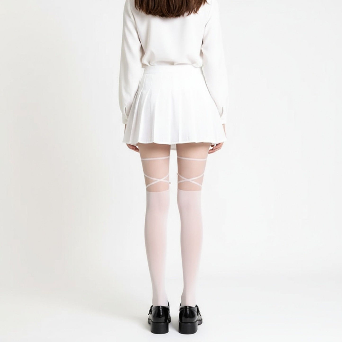 Sheer Tights with Crisscross Lace-Up Detail and Opaque Lower Leg Design