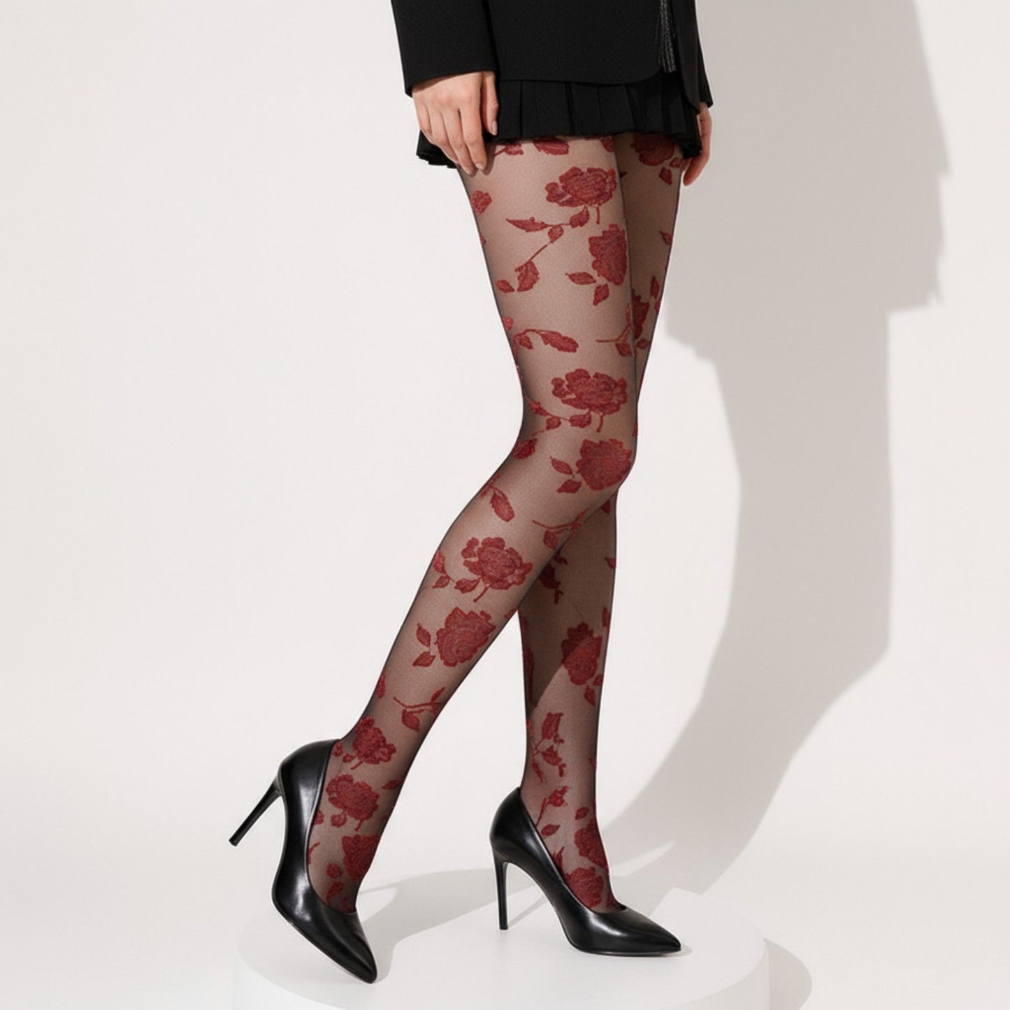 Sheer Floral Pattern Tights with Bold Rose Motif and Stretch Mesh Design