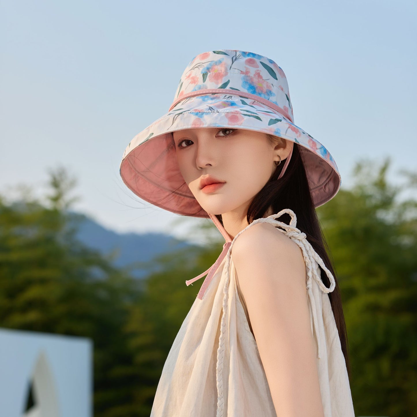 Women's Reversible Floral & Solid Bucket Sun Hat with Chin Strap