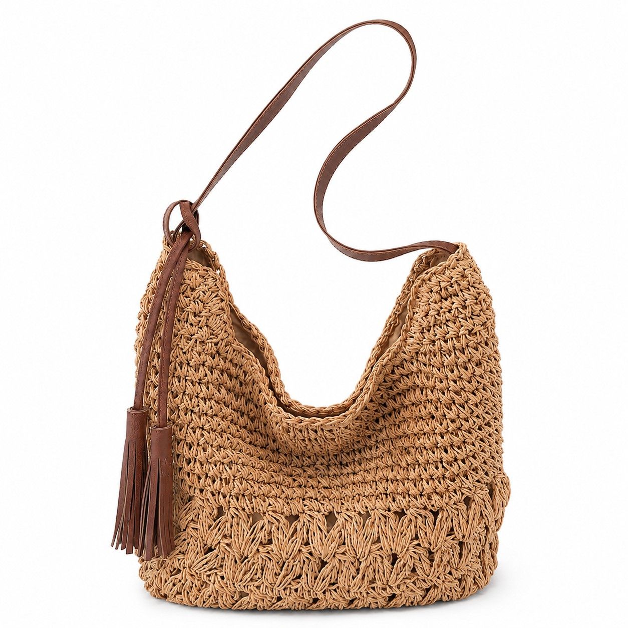 Woven Hobo Shoulder Bag with Magnetic Closure and Slouchy Straw Style Texture