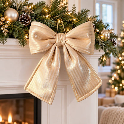 Gold Fabric Christmas Bow Hanging Decoration