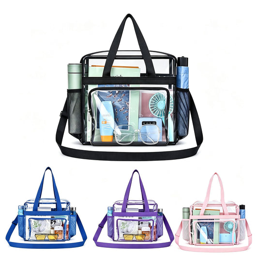 Clear Tote Bag with Exterior Mesh Pockets, Double Top Handles and Removable Adjustable Shoulder Strap
