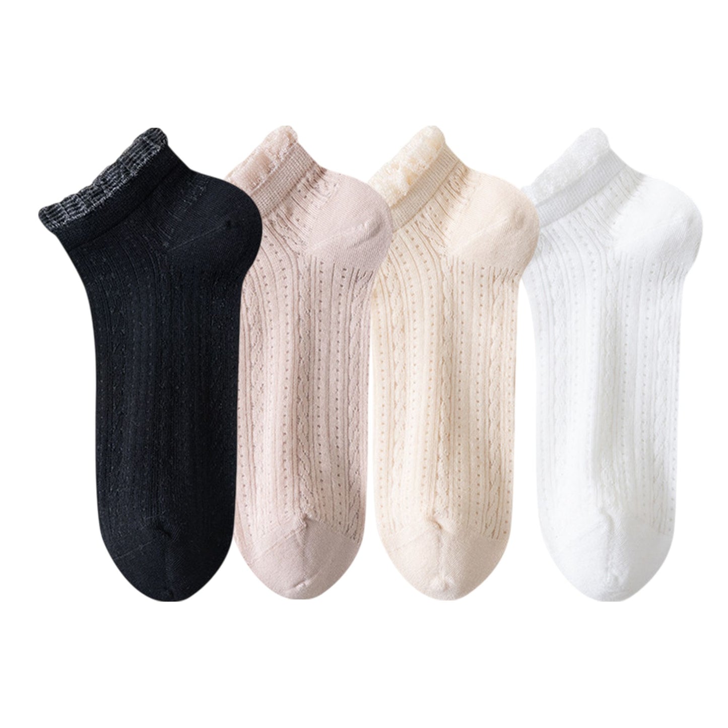 4-Pair Pack Breathable Lace Trim Ankle Socks with Open Knit Mesh Texture and Cotton Comfort