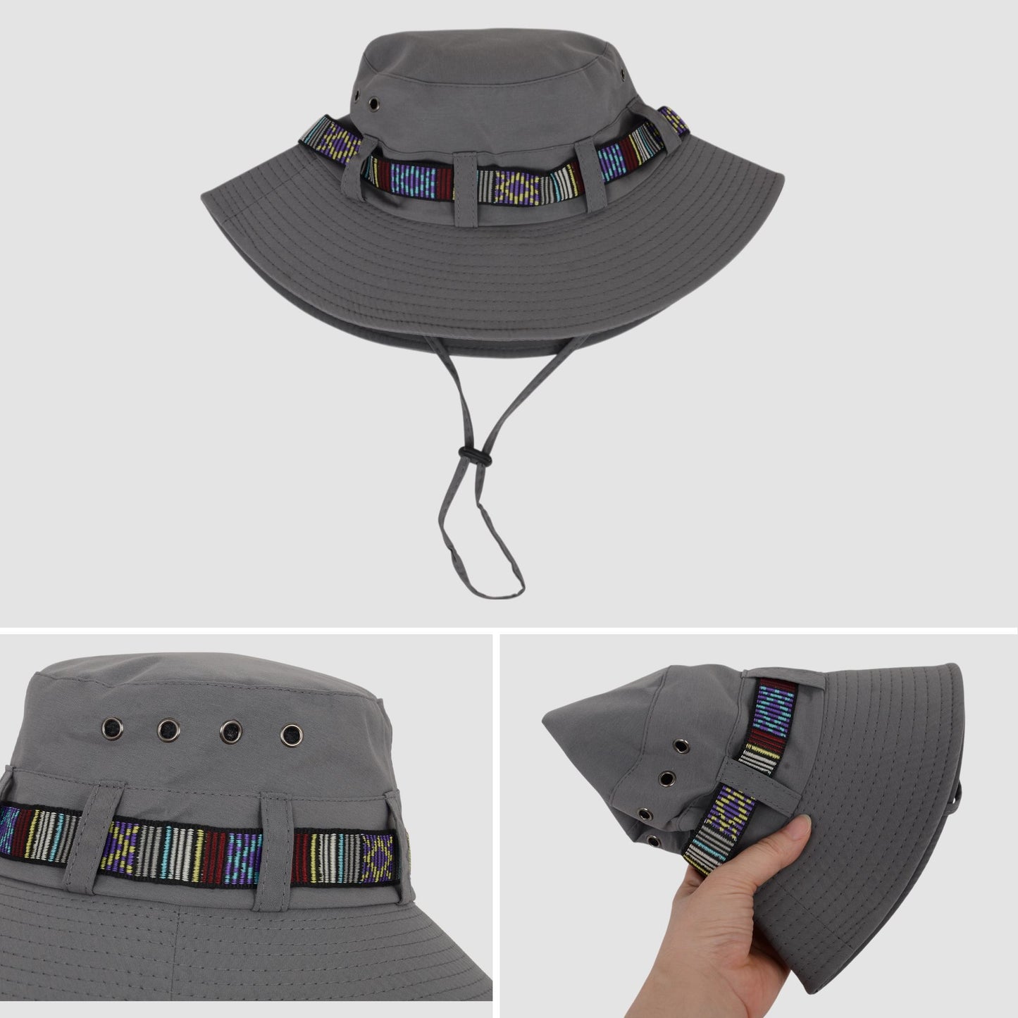 Wide Brim Bucket Hat with Colorful Ribbon Trim Breathable Mesh Lining and Adjustable Chin Strap for Outdoor Use