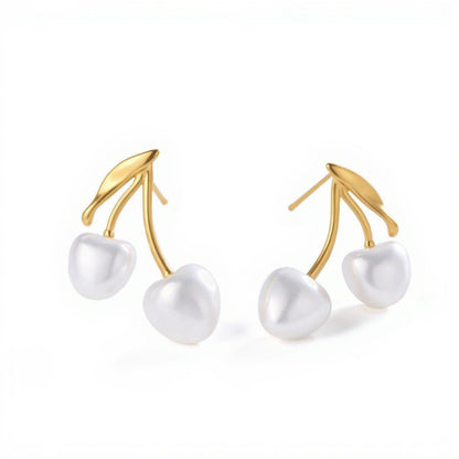 Women's Cherry Drop Earrings with Sculpted Heart-Shaped Fruit Charms and Delicate Leaf Accents for a Playful Modern Look