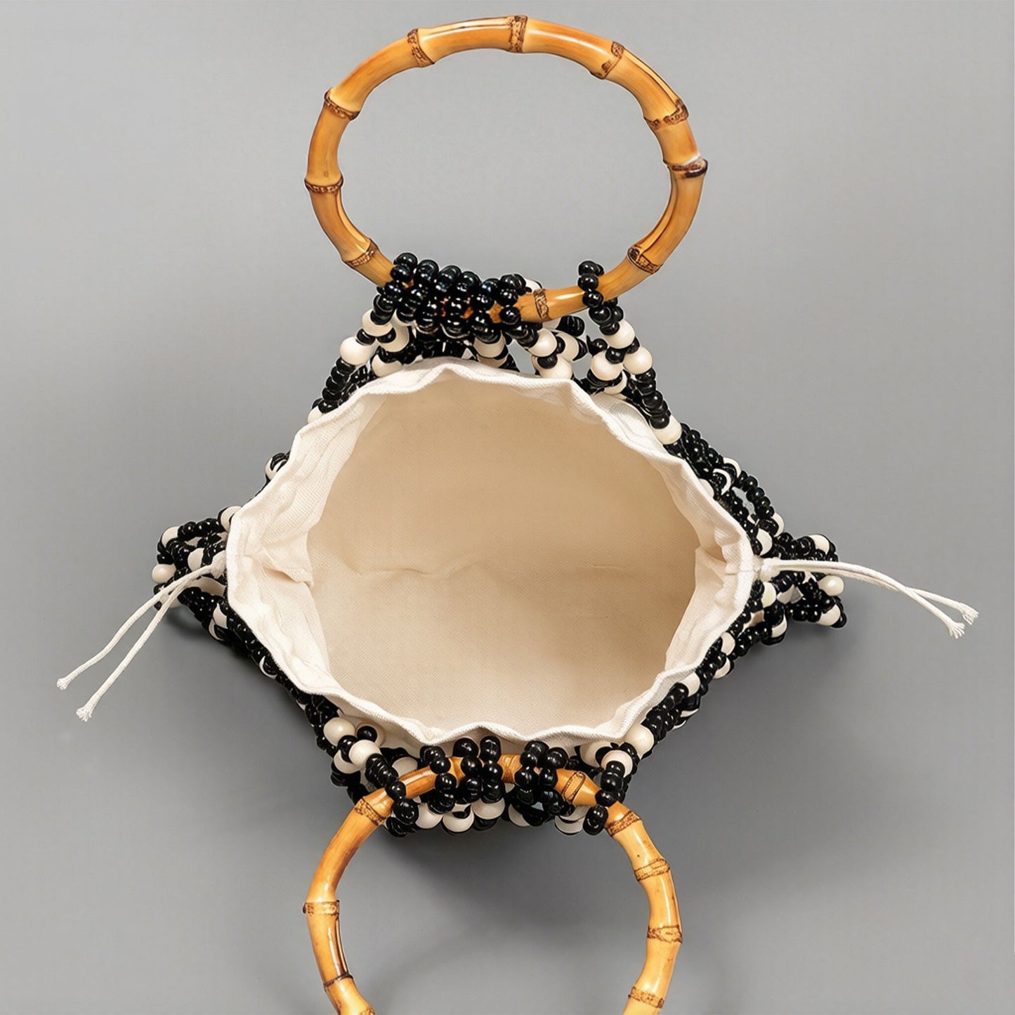 Beaded Drawstring Mini Bag with Bamboo Handle Structured Bucket Purse Lightweight Top Handle Handbag