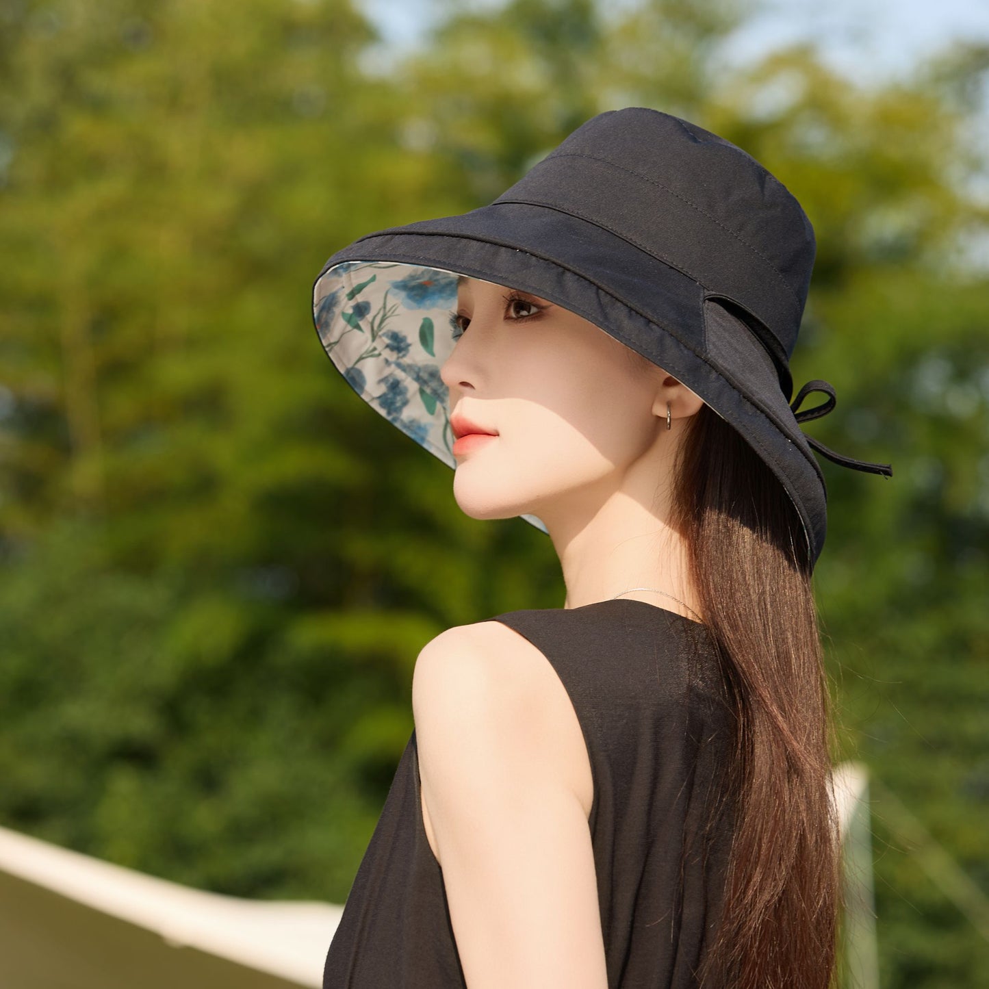 Women's Reversible Floral & Solid Bucket Sun Hat with Chin Strap