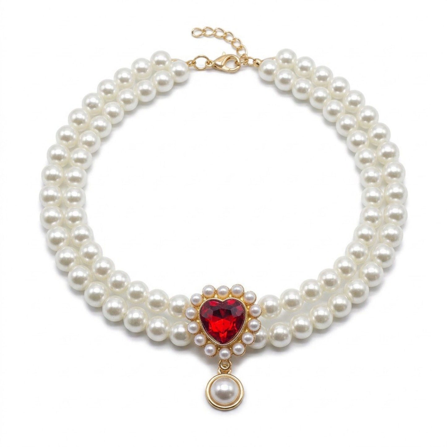 Double Strand Faux Pearl Pet Necklace Heart Gem Pendant Adjustable Collar Jewelry for Cats and Small Dogs