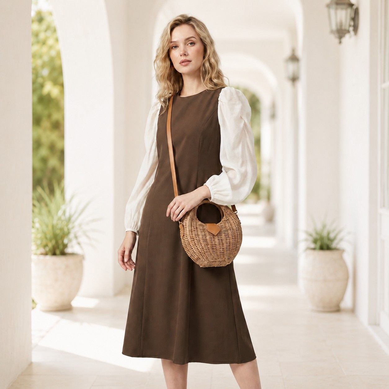 Round Woven Top Handle Crossbody Bag with Magnetic Snap and Detachable Strap