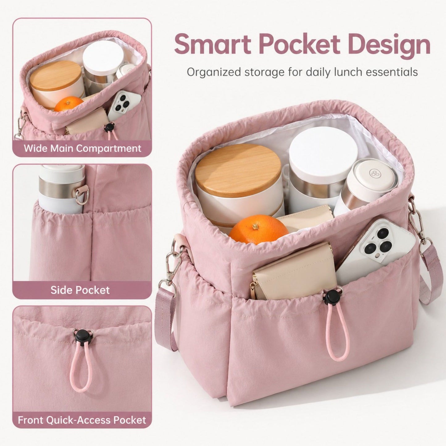 Insulated Drawstring Lunch Bag with Pockets, Top Handles and Shoulder Strap