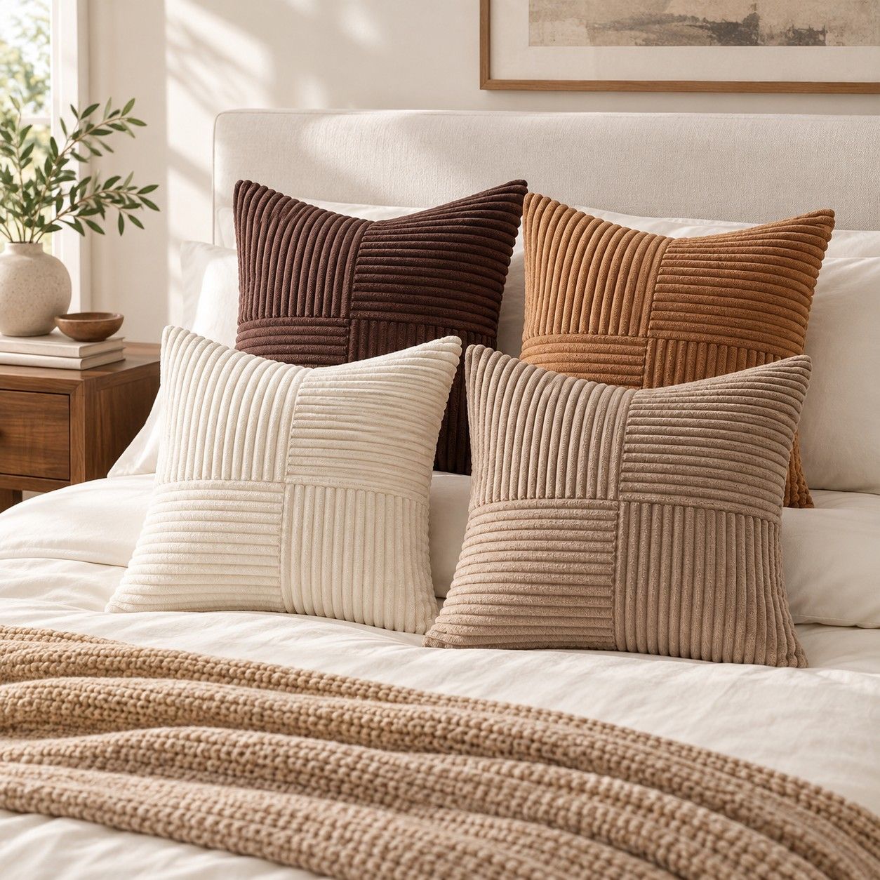 4 Pack Patchwork Corduroy Throw Pillow Covers 18 x 18 Inch for Sofa and Bed