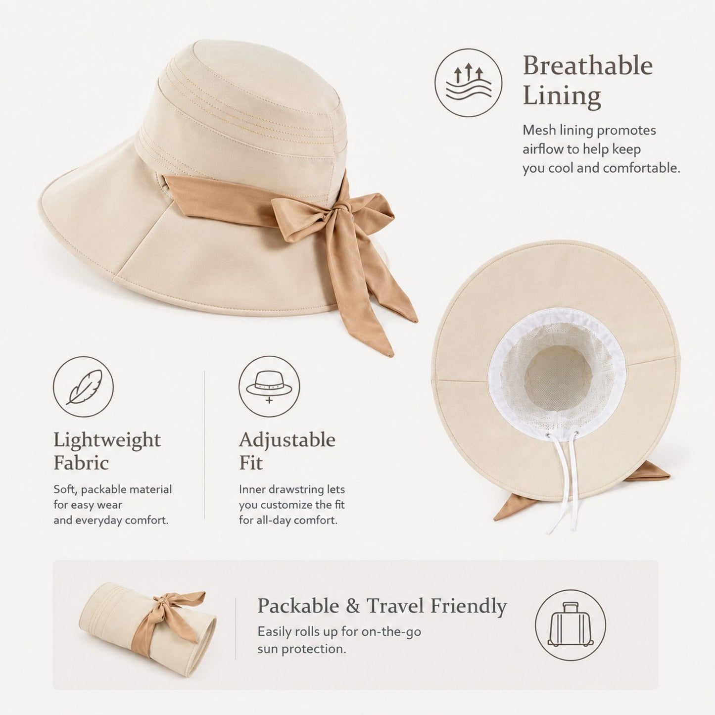 Wide Brim Sun Hat with Bow Accent Stitched Crown and Soft Structured Brim