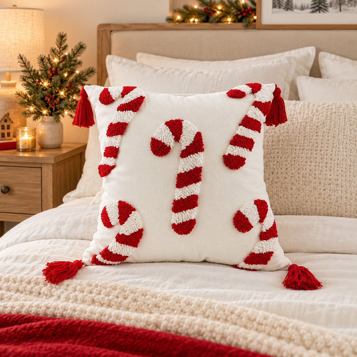 Christmas Candy Cane Tufted Tassel Throw Pillow Cover