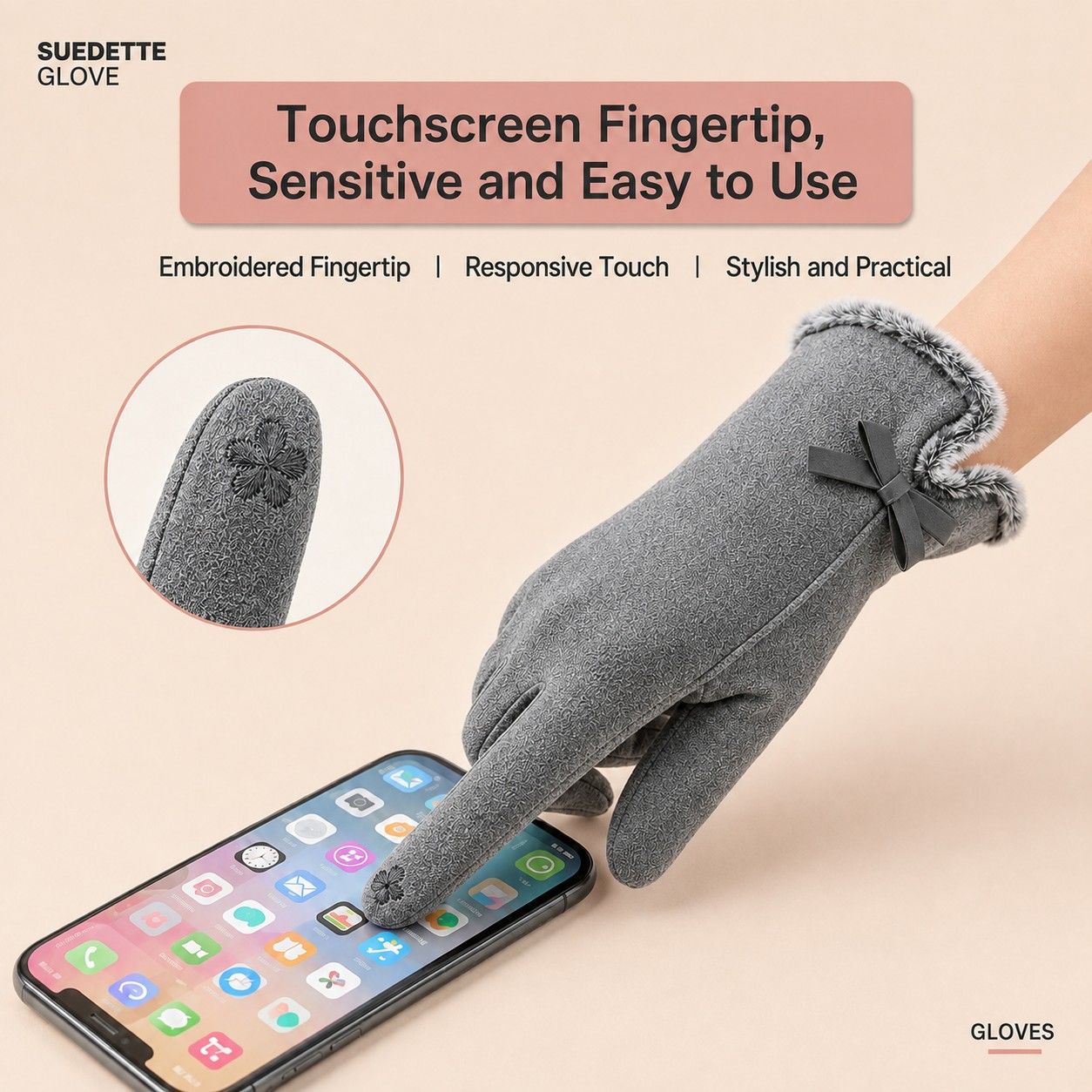 Bow Detail Fleece Lined Touchscreen Winter Gloves