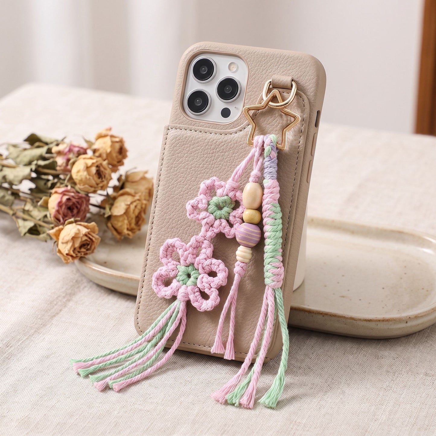 Pink Macrame Flower Bag Charm with Beads Braided Tassels and Star Clip