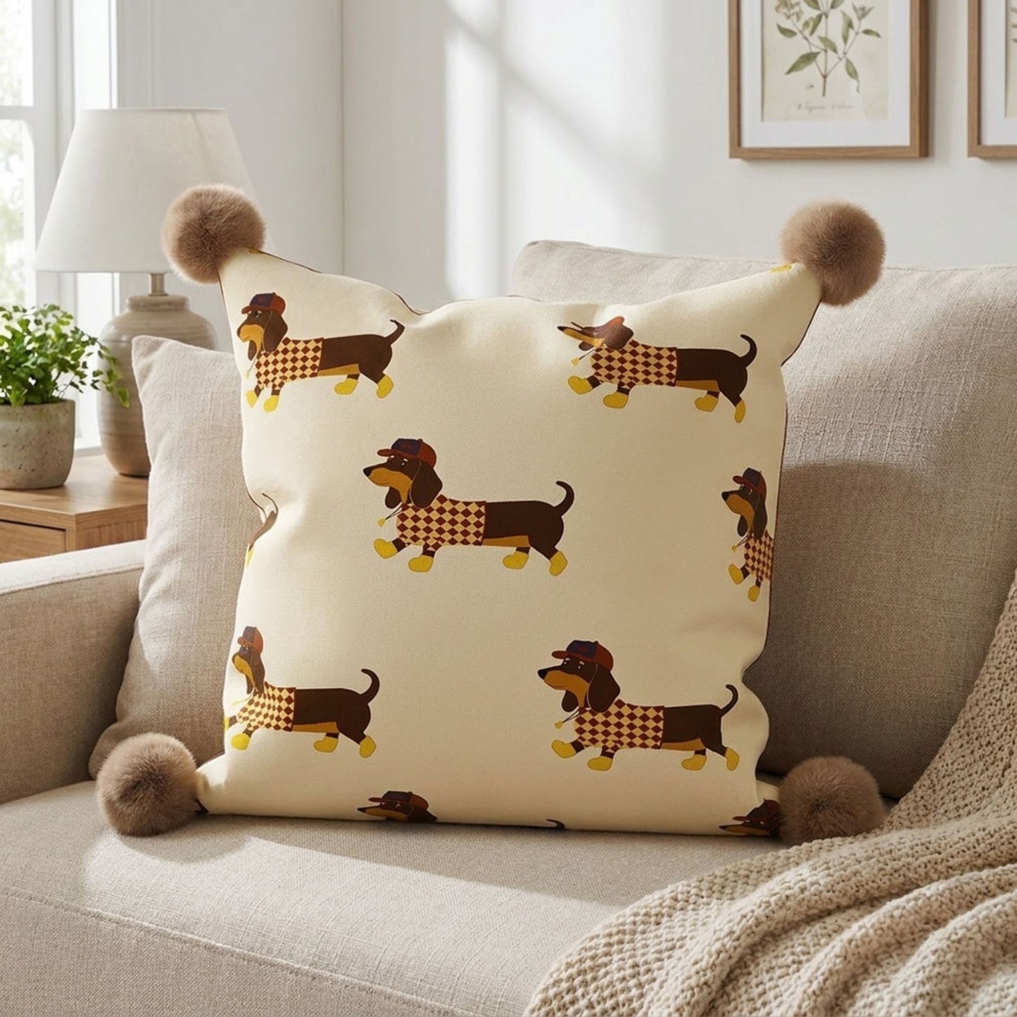 Dachshund Dog Print Decorative Throw Pillow Cover with Pom Pom Corners and Hidden Zipper
