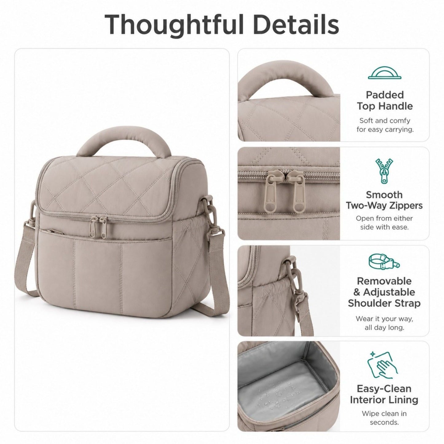 Quilted Insulated Lunch Bag with Adjustable Strap Padded Handle and PEVA Lining